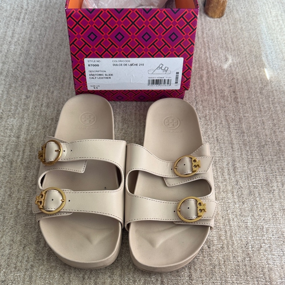 Tory Burch Beige Leather Slide Sandals with Gold Buckles
